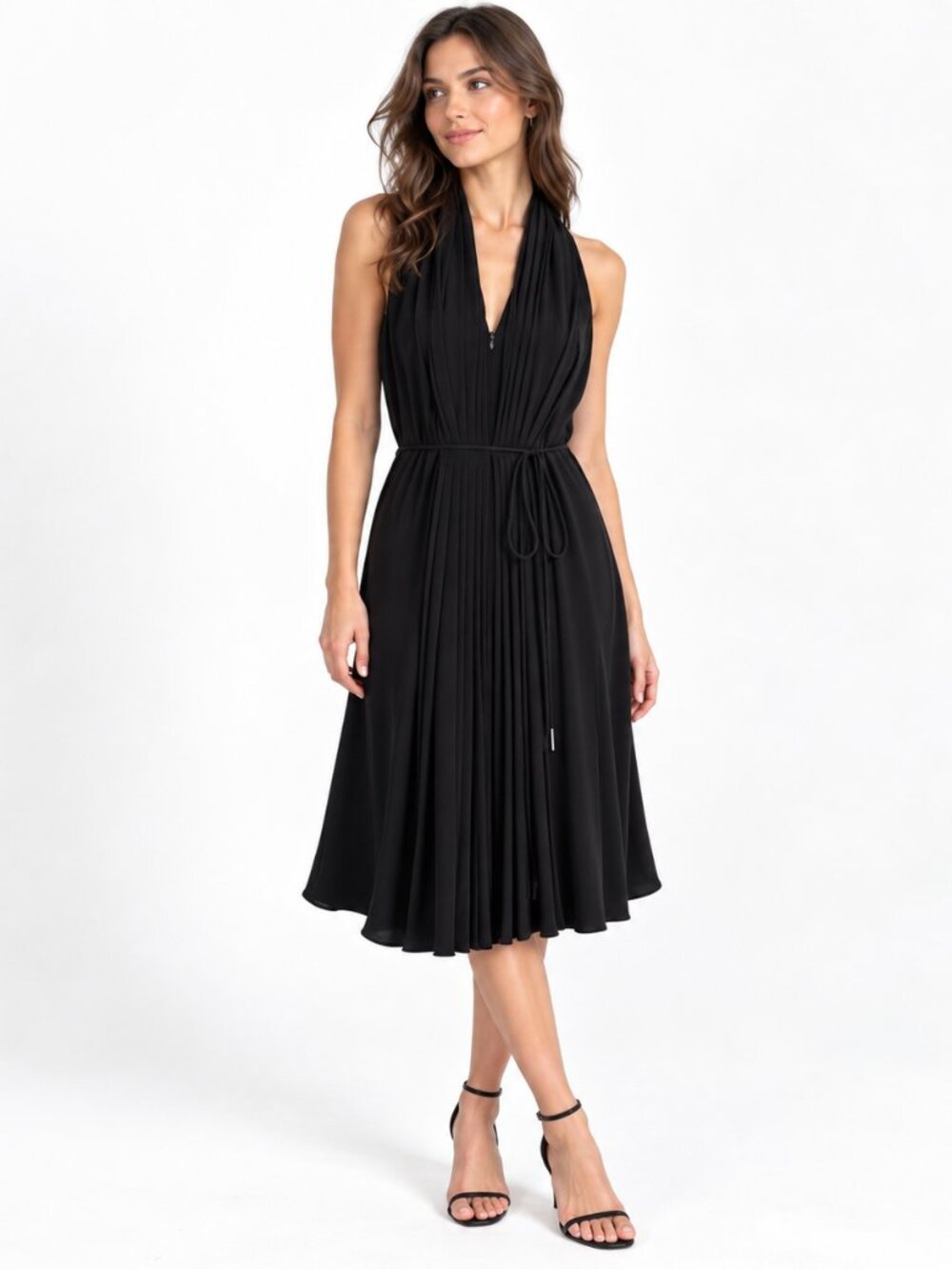 Calvin Klein Black Pleated Midi Dress Tie Waist Size 8
